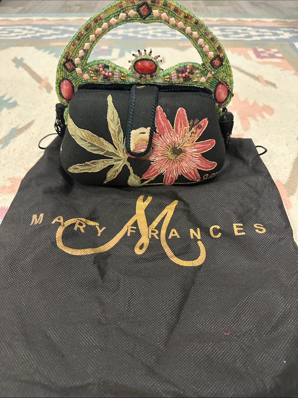 Mary Frances Black Floral Beaded Handle Top-Handle Clutch